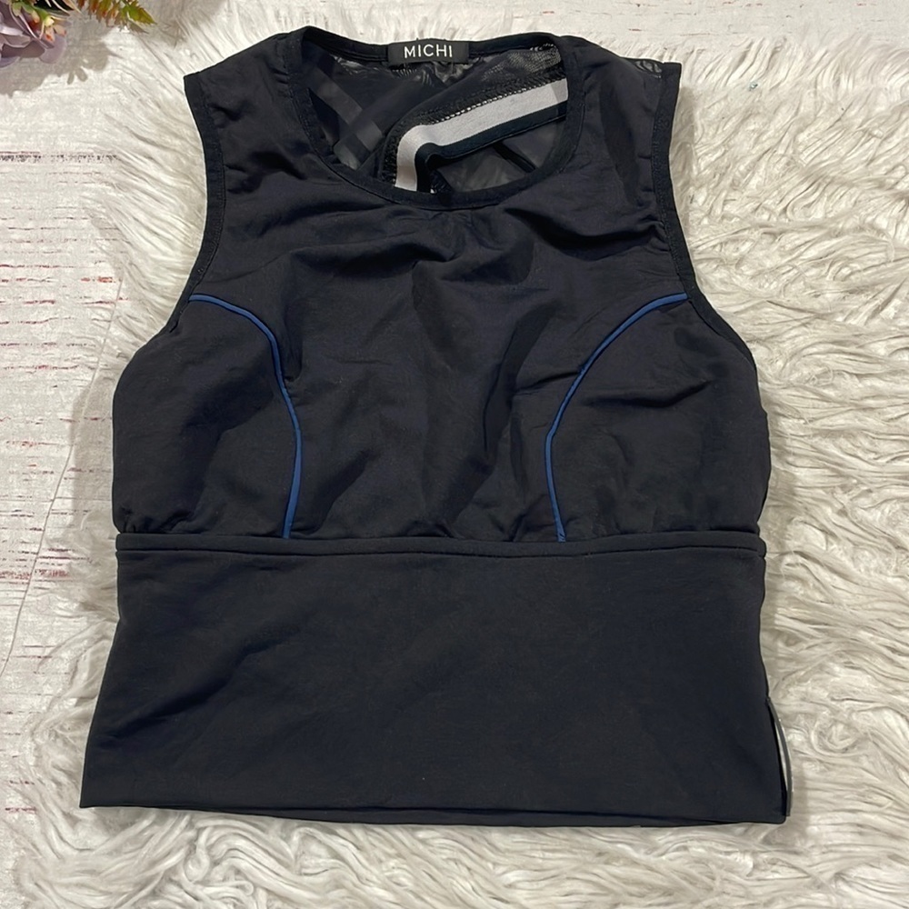 MICHI Crop Top Black Linear Pullover Mesh Panels Piping Bodice
